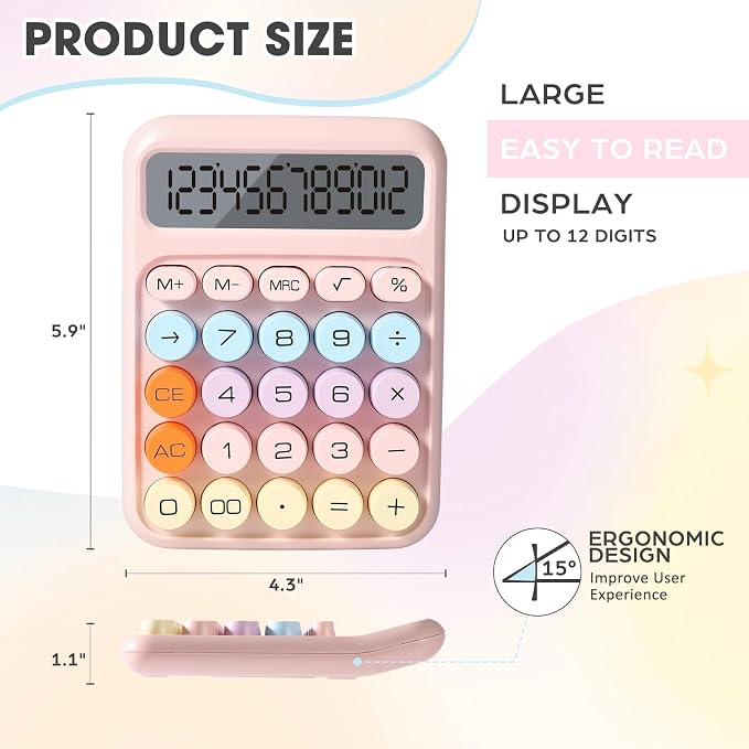 8-Pack Mechanical Keypad Calculator with Big Buttons for Students, Teachers | 12-Digit Large LCD Display, Cute Pastel Color Calculators, 15° Tilt Design, Auto Off