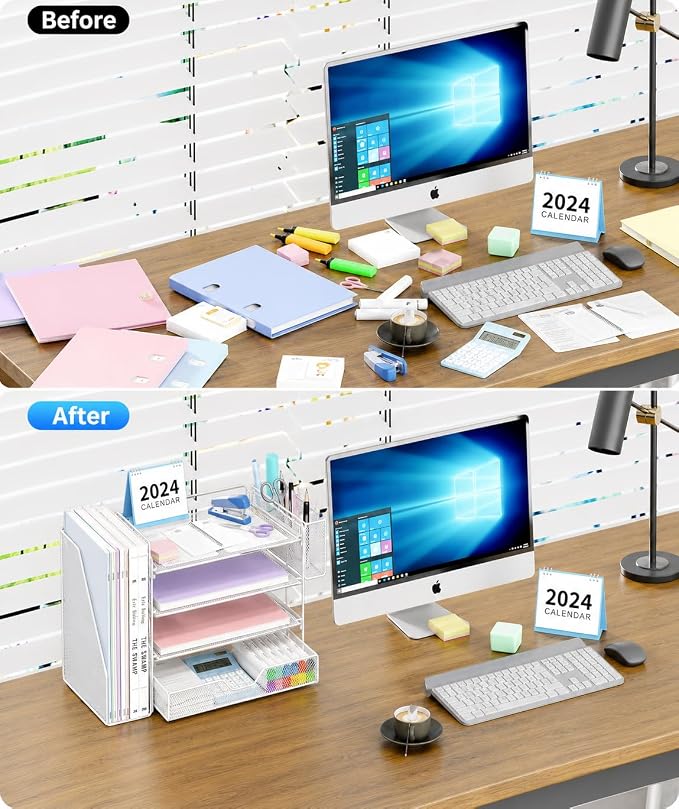 Desk Organizers and Accessories, 4-Tier Desktop File Organizer with Drawer and Pen Holders, Office Desk Accessories Workspace Organizers for Office Supplies (Soft White)