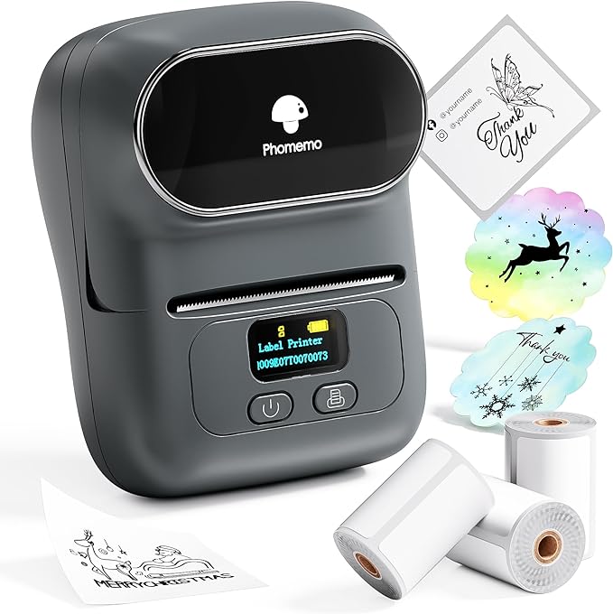 Phomemo M110 Label Makers- with 3 Rolls Labels, Barcode Label Printer Thermal Bluetooth Portable Printer for Small Business, Address, Logo, Clothing, Mailing, Sticker Printers for Phone & PC, Gray
