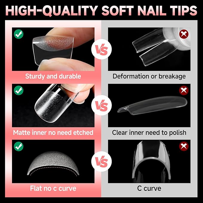 UNA GELLA 600Pcs Short Square Gel Nail Tips, Square Press on Nails Pre Etched Full Cover Soft Gel Nail Tips No C Curve For Women Girl DIY French & Chrome Style Salon At Home 12 Sizes