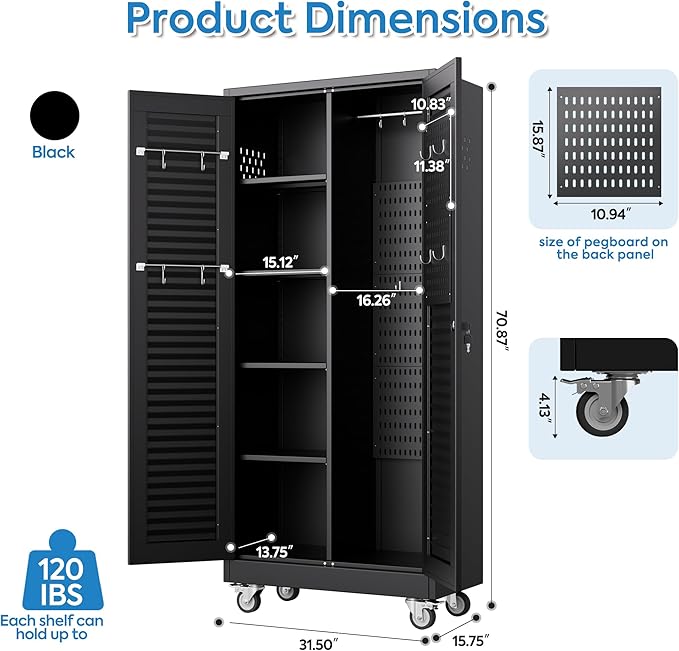 Aobabo Lockable Metal Storage Cabinet with 4 Adjuatable Shelves,Garage Storage Cabinet with Wheels and 5 Remove Pegboard,Required Assembly,Black,70.87''H*31.5''W*15.75''D