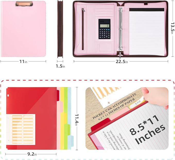 Ospelelf Pink Leather Portfolio Binder 3 Ring, Zippered Clipboard Folder with Storage - 5 Dividers with Pocket, Padfolio for Women,12.1” Tablet Sleeve, Refillable Notepad, Card Slot