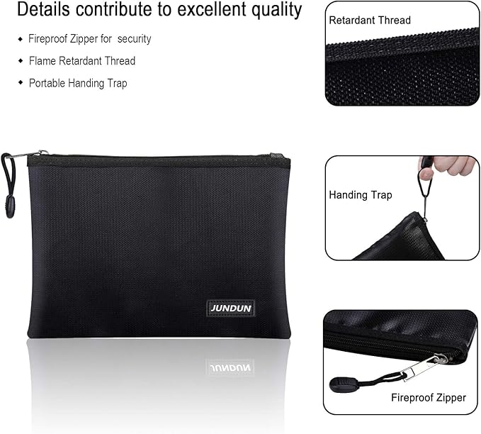 JUNDUN Fireproof Document Bags,14.2”x 10.0”Waterproof and Fireproof Money Bag with Aluminum Foil Lining,Fireproof Safe Storage Pouch with Zipper for Document and Cash，Black
