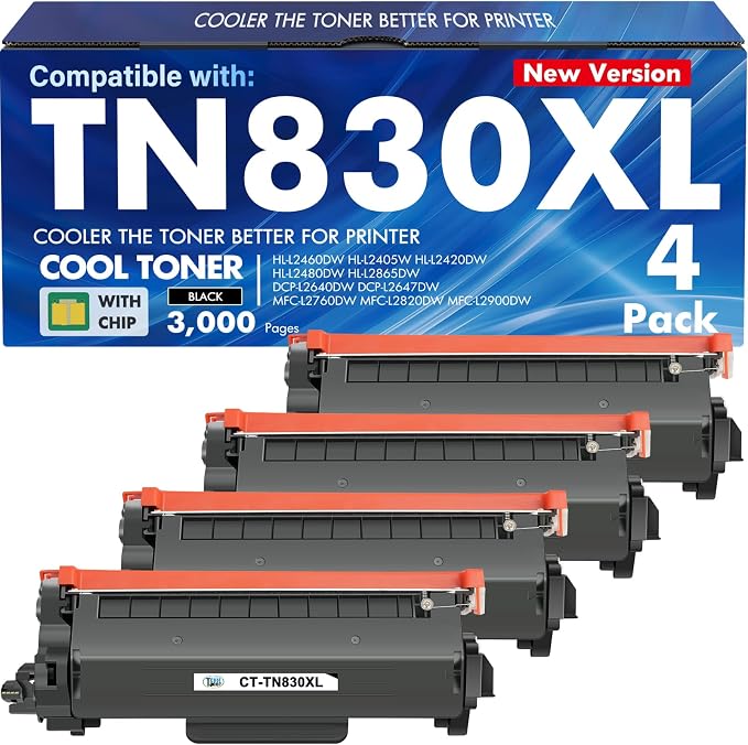 TN830 TN830XL 830 XL/V/R Toner for Brother Printer DCP-L2640DW HL-L2460DW | Compatible for Brother MFC-L2820DW TN-830 TN-830XL TN 830 XL Cartridge HL-L2405W HL-L2400D Printer High Yield 4 Black Printer