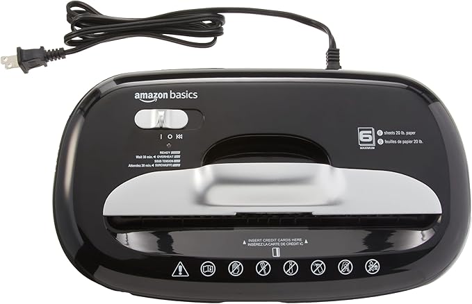 Amazon Basics 6 Sheet High Security Micro-Cut Paper and Credit Card Shredder, P-4 Security Level, Easy to Empty, Black