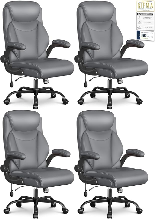 Ergonomic Office Chair, Big and Tall Office Chair, Executive Chair- Padded Leather Comfy Chair with Adjustable Lumbar Support & Flip-Up Arms, Rocking Swivel Chair for Home Office,Gray