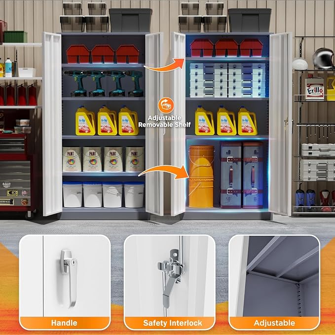 Metal Storage Cabinet Doors, 72" Locking Steel Storage Cabinet with Shelves, Tall Lockable Steel Cabinets for Home Office, Garage(New Grey)