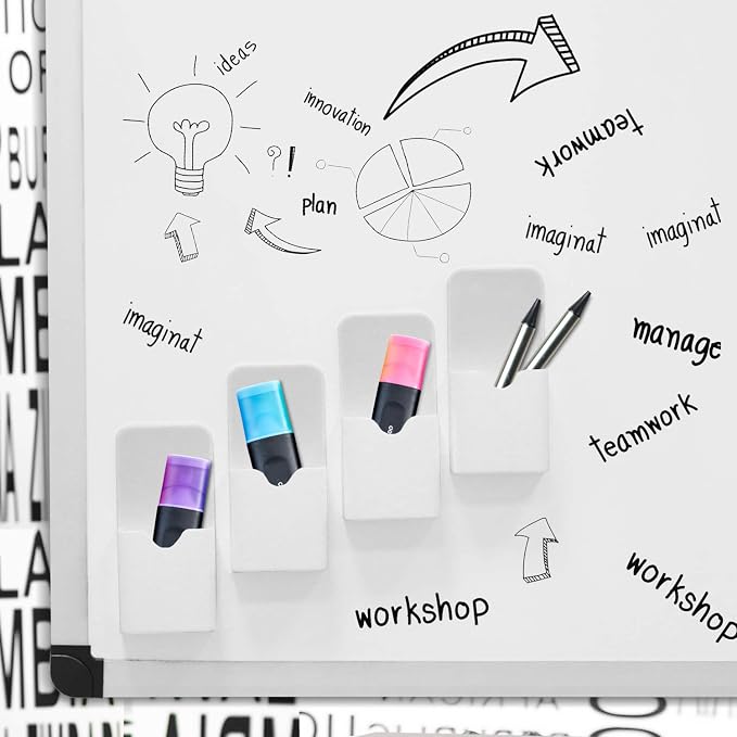 MoKo Magnetic Pen Holder, 4-Pack, Whiteboard Organizer, White | Magnetic dry erase marker holder set stores pens, pencils and small supplies on refrigerators, whiteboards and lockers.