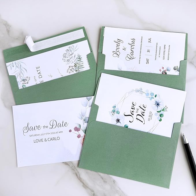 Winlyn 100 Pcs Sage Green A7 Invitation Envelopes 5 1/4 x 7 1/4 Square Flap Envelopes Self Seal 73lb for Wedding Shower Birthday Graduation Mailing Invitation Announcement 5 x 7 Greeting Cards Photos