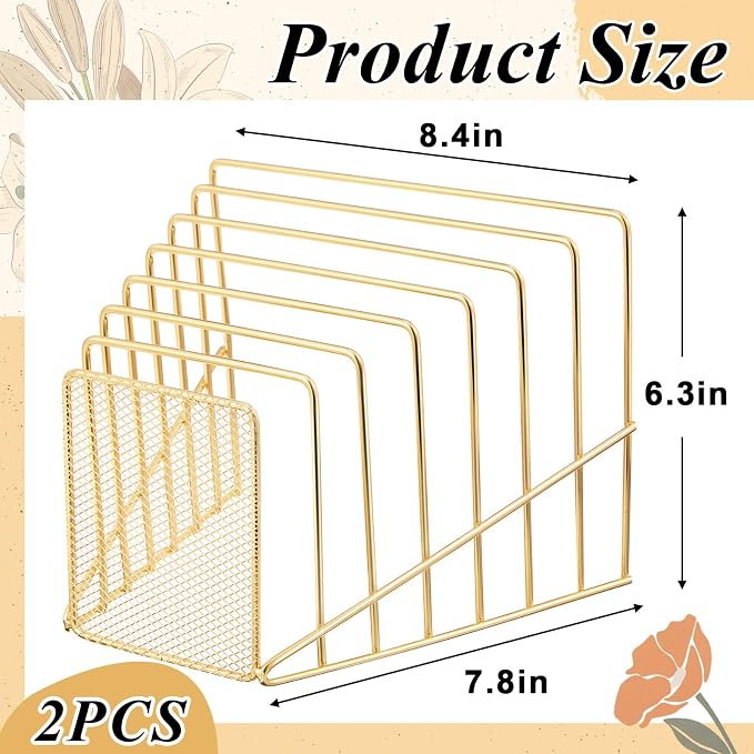 2 Pcs 7 Section Wire File Organizer for Desk, Metal Mesh Incline File Holder, Letter & Magazine Folder Rack, Desktop Paper Sorter for Home Office Back to School (Golden)