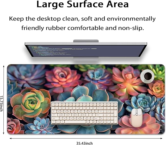 35.4 x 15.7 in, XXL Large Mouse Pad for Desk, Extended Keyboard Mouse Mat for Computer Office, Big Mouse pad with Stitched Edges, Gaming Pc-Colorful Succulent