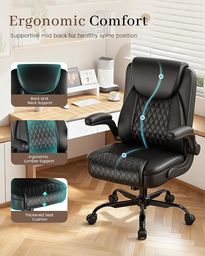 COMHOMA Mid-Back Office Chair, Ergonomic PU Desk Chair with Flip up Arms, Small Computer Gaming with Comfy Lumbar Support,Rocking Function,Sturdy Metal Base, Ink Black