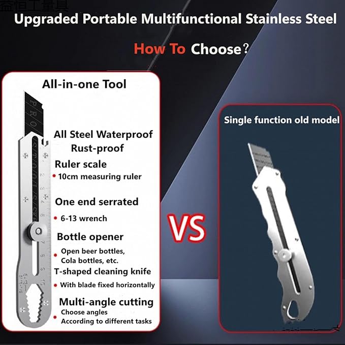 2PCS Stainless Steel Utility Knife,Multi-Functional Retractable Box Cutter with 10PCS Blades,Extended Glass Scraper,Razor Blade Scraper with Scale & Bottle Opener for Office,Home,Workshop