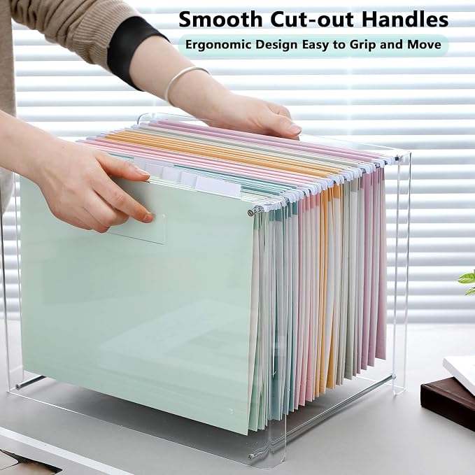 Dispowreath 24 Hanging File Folders Acrylic Desktop Organizer,Colorful | Clear Acrylic Box with Handles, Letter A4 Compatible, Colorful Tab Labels Included, for Classroom Office,Back to School