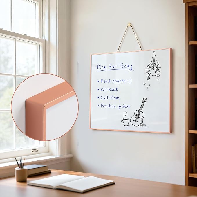 TOWON Magnetic Dry Erase Board 24x18 in, Narrow Aluminum Frame, Rose Gold | Wall mounted or hanging white board for home office, apartment and dorm decor, mounting hardware and rope