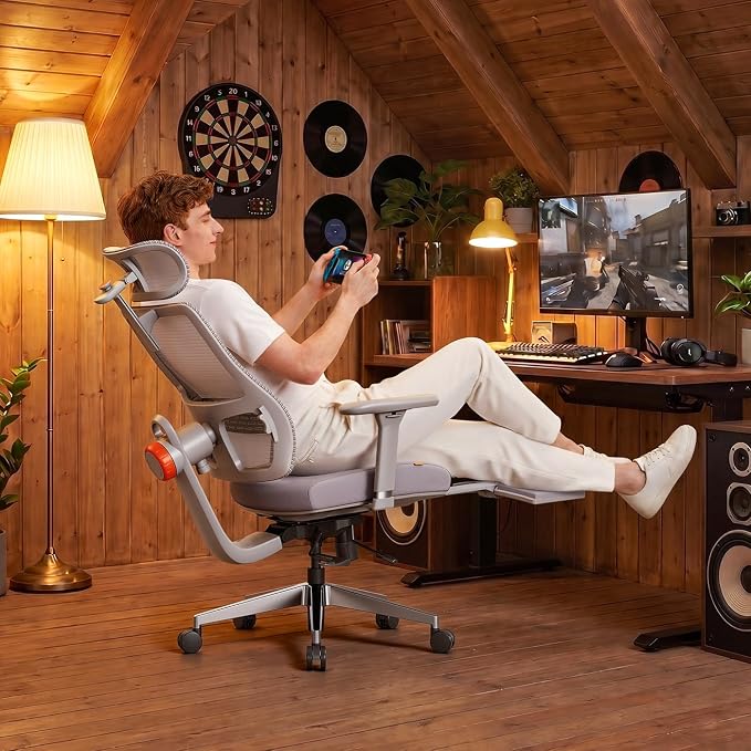 Ergonomic Office Chair-Home Office Desk Chair with Footrest, Auto-Following Backrest & Headrest, 4D Armrests, 96°-136° Recline