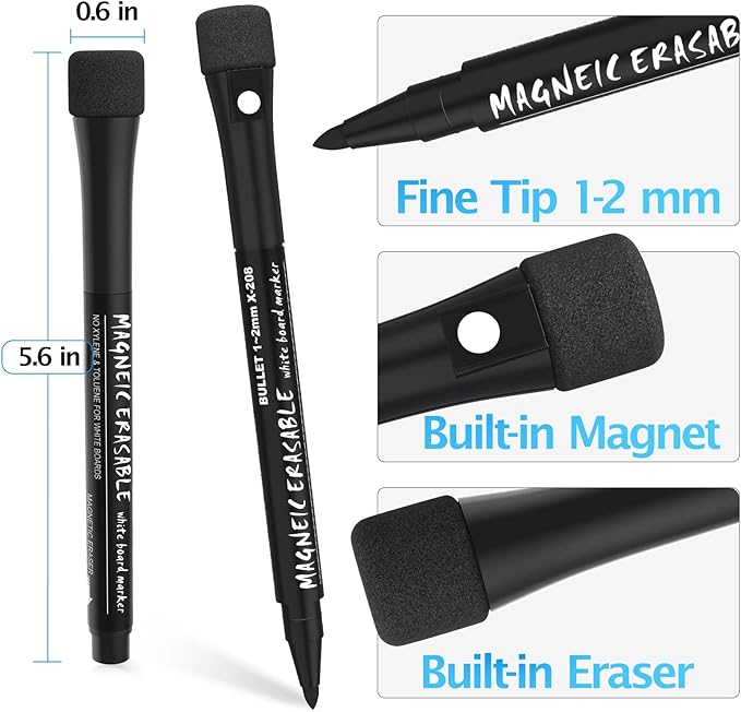 Magnetic Dry Erase Markers Fine Tip, 6 Colors (12 Pack) White Board Markers Dry Erase Marker with Eraser Cap, Low Odor Whiteboard Markers Fine Point Pens for Office Supplies