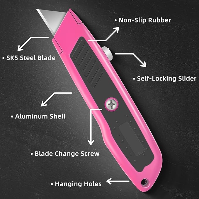 DIYSELF 2 Pack Box Cutter Retractable Heavy Duty Utility Knife, Ergonomic Razor Knife for Warehouse, Office, Exacto Knives Box Opener for Package, Cardboard (Pink)