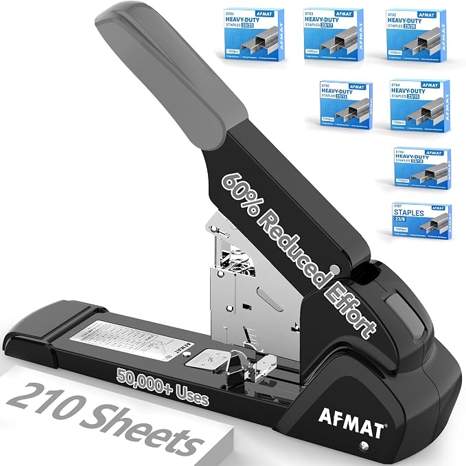 AFMAT Heavy Duty Stapler, 210 Sheet Effortless Stapler for Desk, 60% Reduced Effort, Jam Free, 50,000+ Uses, Adjustable Paper Depth, Metal Office Desktop Staplers, Includes 7000Pcs Staples, ES15