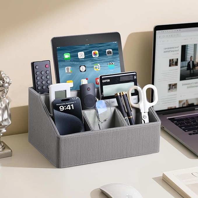 PU Leather Desk Organizer, Remote Control Holder, Grey | Luxury Nightstand Organizer for Home, Office Desk Accessories, Bedside Table Caddy with 5 Compartments, Velvet Lining