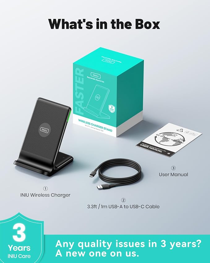 INIU Wireless Charger, 15W Fast Wireless Charging Phone Station with LED | Sleep-Friendly Adaptive Light, Exclusive Temp°Guard, Wireless Charging Station for iPhone 17 16 Pro Max, Samsung S25 S24 etc