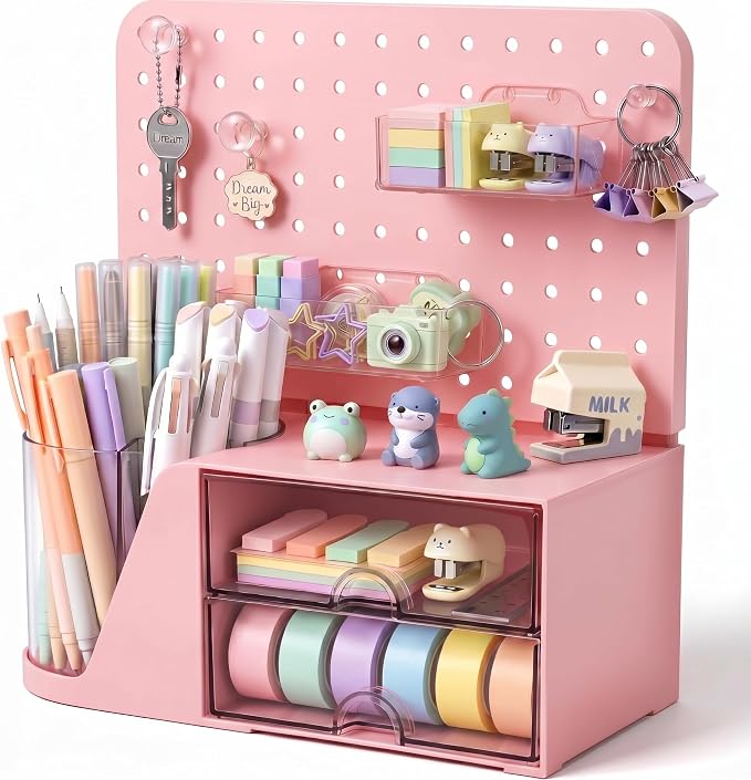 Novabright Desk Organizer with Drawers, Rotating Pen Holder with 5 Slots & Pegboard, Back to School & First Day of School Gifts, Multifunctional Desktop Storage for Desk Home Office Supplies(Pink)