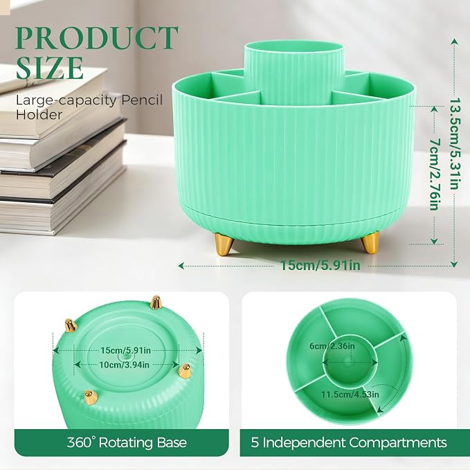 KONVINIT Pencil Pen Holder for Desk, 5 Slots 360-Degree Rotating Desktop Organizer, Cute Desk Organizers and Accessories for School, Home, Office and Art Supply, Mint Green
