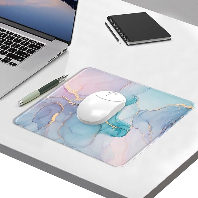 Mouse Pad with Stitched Edge, Multiple Patterns Computer Mouse Pads with Non-Slip Rubber Base, Washable Cloth Mousepad, for Gaming, Laptop, PC (Blue Blush Marble)