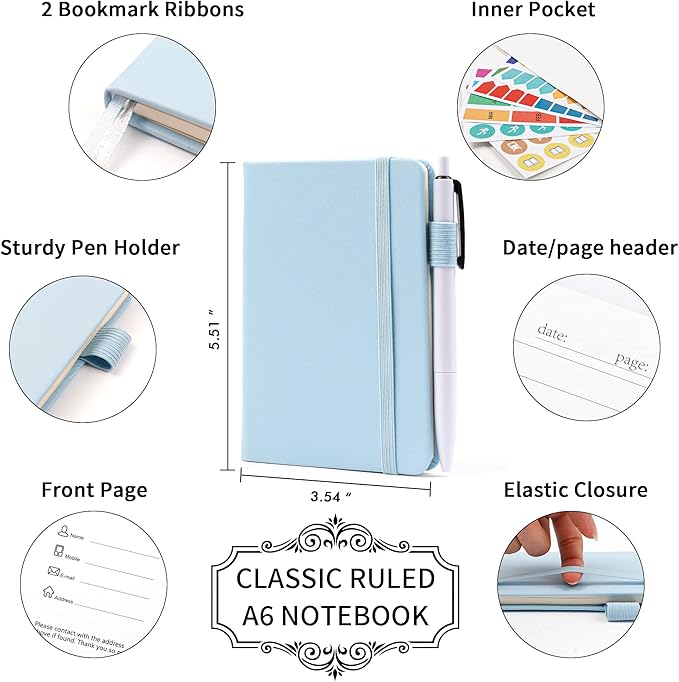 feela 3 Pack Pocket Small Notebook Journals, Mini Cute Memo Notepad Hardcover College Ruled Lined Journals with Pen Holder for Women Girls Office School, with 3 Black Pens, 3.5”x 5.5”, A6, Light Blue
