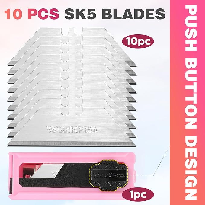WORKPRO Folding Utility Knife, Quick Change Box Cutter, Pink Razor Knife for Cartons, Cardboard, Boxes, 10 Extra Blades Included - Pink Ribbon