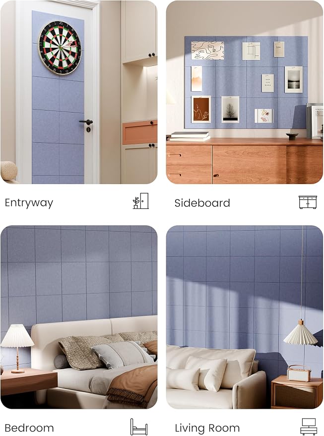 Bumusty 48"x 36" Large Felt Bulletin Board Tiles, Soft Periwinkle | 12-Pack Cork Board Alternative, Wall Decor, 30 Pushpins, 60 Adhesive Tabs, Vision Board, Office, Classroom, Home, Dorm