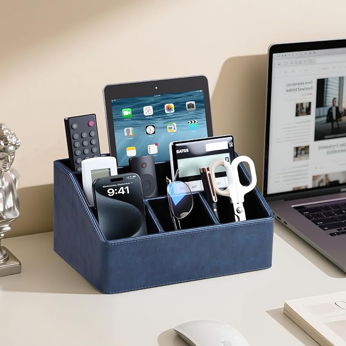 PU Leather Desk Organizer, Remote Control Holder, Dark Blue | Luxury Nightstand Organizer for Home, Office Desk Accessories, Bedside Table Caddy with 5 Compartments, Velvet Lining