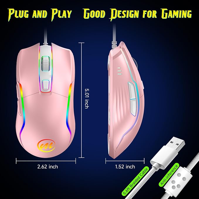 memzuoix Wired Gaming Mouse with RGB - 6 Adjustable DPI up to 12800, 6 Buttons, 12 Lighting Modes, Ergonomic Design with Anti-Slip Rubber Wheel, 5.6ft Braided Cable for PC/Mac/Windows - Pink