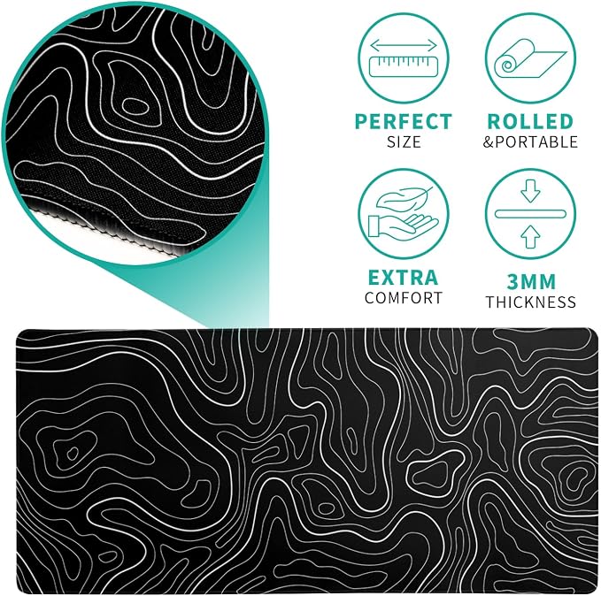 Topographic Contour Black Gaming Mouse Pad XL Geographic Map Lines Extended Big Large Desk Mat Non-Slip Rubber Base Stitched Edge Long Keyboard Mousepad for PC Computer Laptop,31.5x11.8 Inch