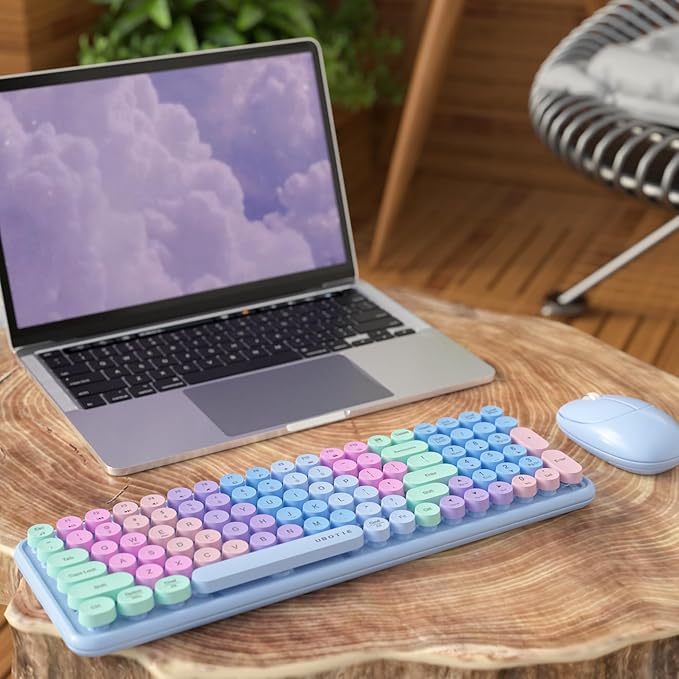 UBOTIE Wireless Keyboards and Mouse Combo (Purple Rainbow) | Colorful Gradient Rainbow Color Retro Typewriter Flexible Keyboard, 2.4GHz Connection and Optical Mouse for PC Wins Mac
