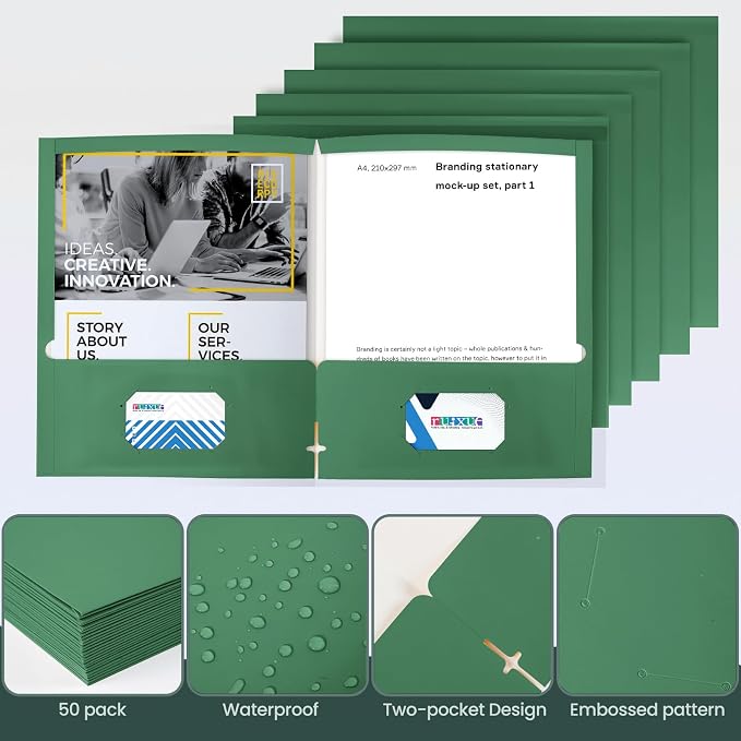 ®100 Packs Green Two Pocket Folders,File Folder with Pockets Fit Letter Size Paper,File Folders Letter Size,Durable Paper Folders for School, Office, Business. (100, Dark Green)