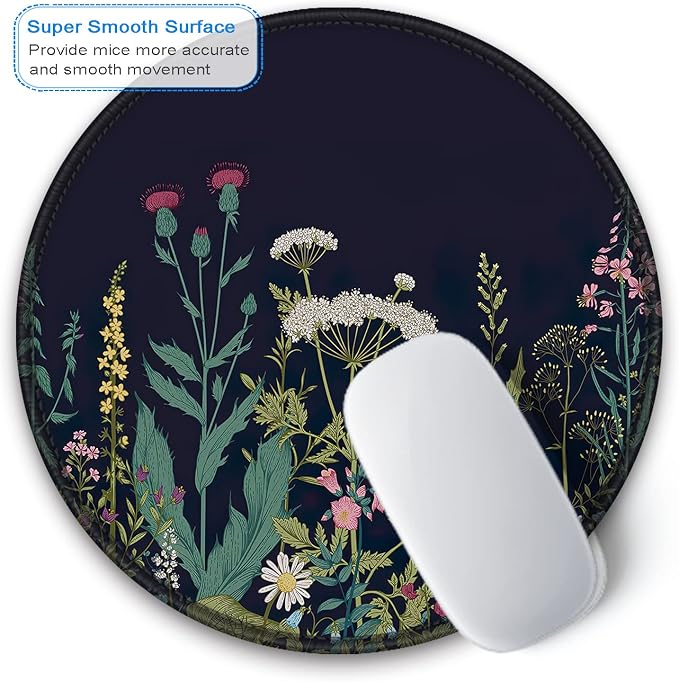 BOSOBO Mouse Pad, Round Floral Mouse Mat, Cute Mouse Pad with Design, Non-Slip Rubber Base Mousepad with Stitched Edge, Waterproof Women Office Mouse Pads, Small Size 7.9" x 7.9", Black Flowers