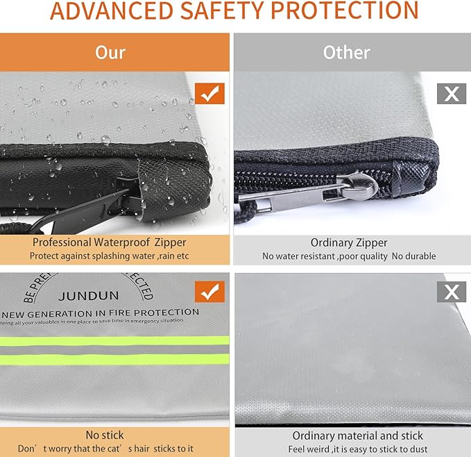 JUNDUN Fireproof Document Bag,14.2”x 10.0”Waterproof and Fireproof Money Bag with Aluminum Foil Lining,Fireproof Safe Storage Pouch with Zipper for Document and Cash,Silver