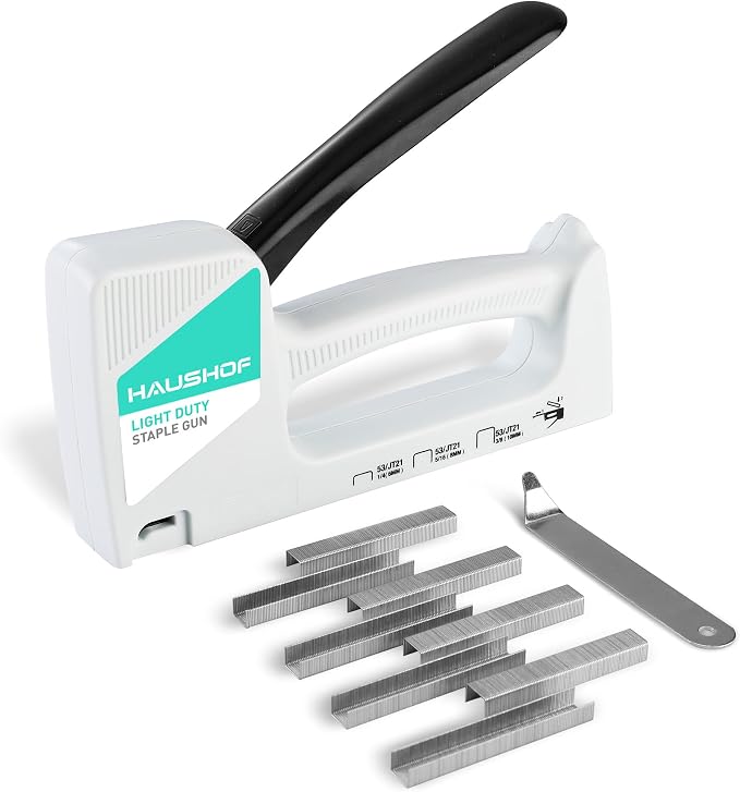 HAUSHOF Light Duty Staple Gun with 800-Count JT21 Staples & Stapler Remover | Upholstery Staple Gun Fits JT21 Staple of 1/4'', 5/16'' & 3/8'', Used for Wood, Classroom, Crafts, DIY (White)