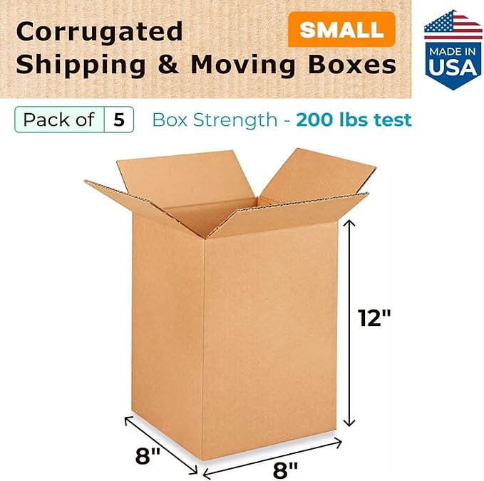 Small Moving & Shipping Boxes 8"L x 8"W x 12"H (25-Pack) - Extra Strength 200 lb vs Regular - USA-Made Corrugated Durable Packing Boxes - Box for Moving - Corrugated Cardboard Box by IDL Packaging