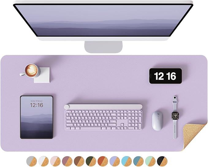 YSAGi Double-Sided Desk Pad, 31.5"x15.7"Leather Desk Mat, Eco Cork Desk Pad Protector,Large Mouse Pad,Waterproof Desk Blotter for Office/Home(Light Purple)
