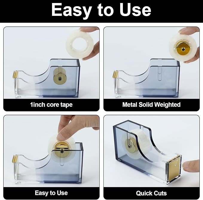 MultiBey Acrylic Tape Dispenser for Desk with 1 Roll Tape, Gradient Black | Heavy Duty Nonslip Base Tape Cutter Holder with 1 Roll Tape | Aesthetic Clear Acrylic Desk Organizer for Office & Home