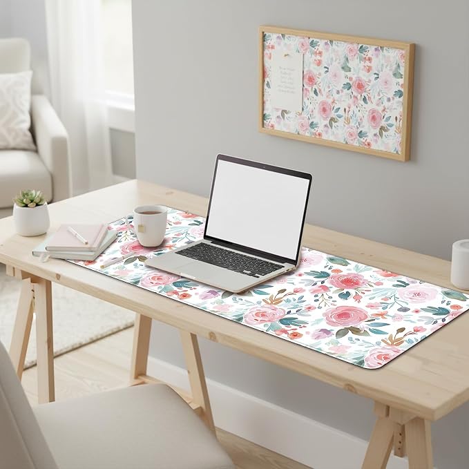 UJoowalk XL Extended Mousepad (35.3 x 15.7 Inch), Large Botanical Desk Mat, Pastel Pink Peony & Green Leaf Design, Waterproof Keyboard Surface, Aesthetic Work Accessories