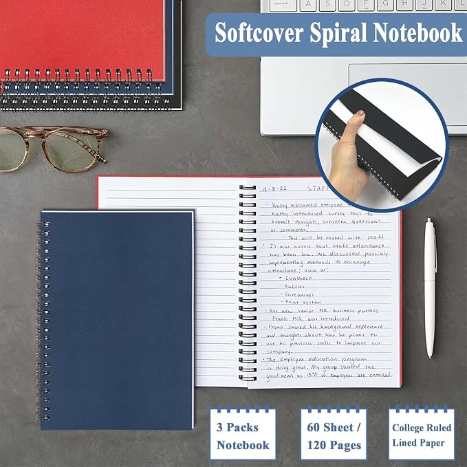 3Pack Small Spiral Notebook A5, 5.5x8.3” Notebook for Work 120Page Notepads | Colored Multipack College Ruled Notebooks A5 Kraft Spiral Bound Small Notebook Journal Lined Note Pads for Writing Journaling