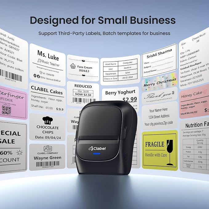 CLABEL 221B 2" Bluetooth Thermal Label Printer with 1 Label Roll, Black | Portable Inkless Barcode Maker, Compatible with iOS and Android, Ideal for Small Business, Retail, Office and Home