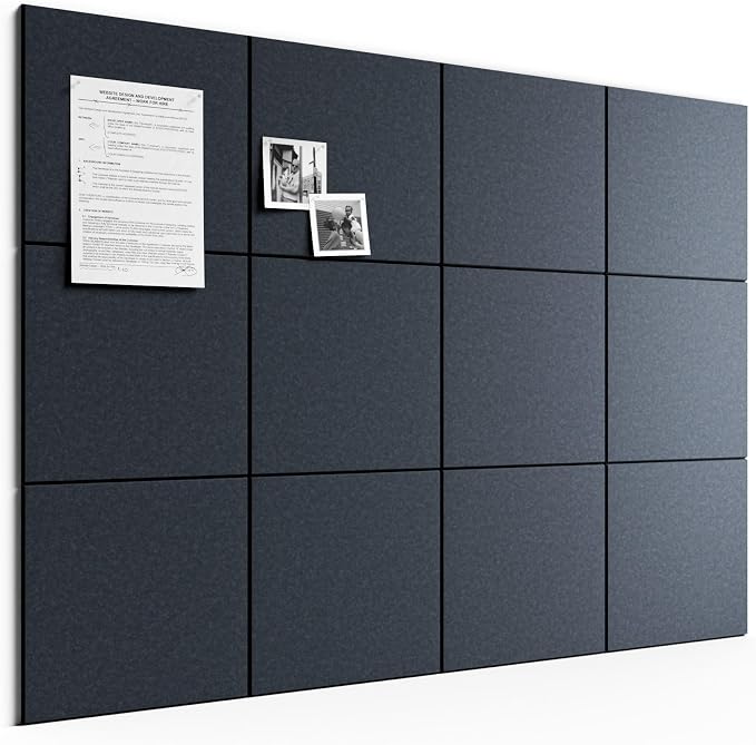 Bumusty 48" x 36" Large Cork Board Alternative, Deep Charcoal Blue | 12-Pack Felt Bulletin Board Tiles, 60 Adhesive Tabs, 30 Pushpins, Home, Office, Classroom, Vision Board