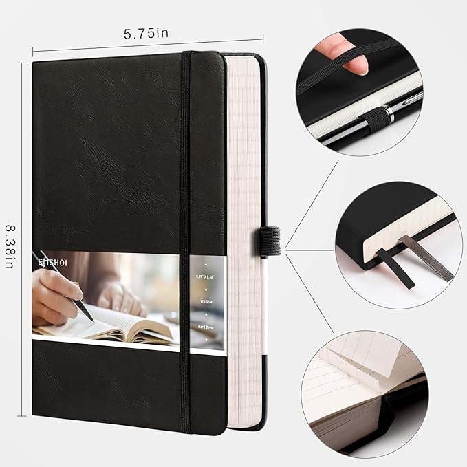 EMSHOI A5 College Ruled Notebook, 256 Numbered Pages 120GSM Ink-Proof Faux Leather Hardcover Lay-Flat Lined Journal for Work Office School Travel Writing, Small 5.75" x 8.38", Black