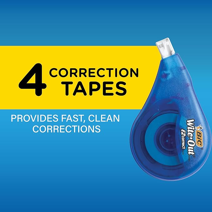 BIC Wite-Out Brand EZ Correct Correction Tape, 39.3 feet, 4-Count Pack of White Correction Tape, Fast, Clean and Easy to Use Tear-Resistant Tape Office or School Supplies