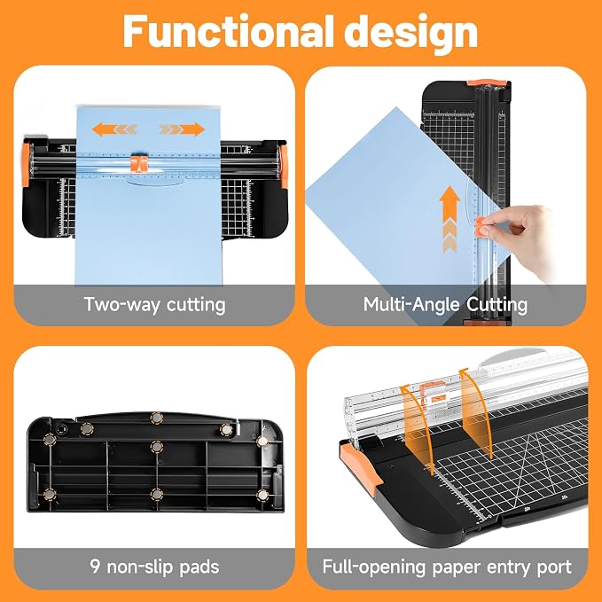 12-Inch A4 Paper Cutter 3-Piece Set with Automatic Safety Guard, Precision Side Ruler, Non-Slip Base – Ideal for Craft Paper Gift Cards Coupons Labels Photos – Durable Black Trimmer for Home & Office
