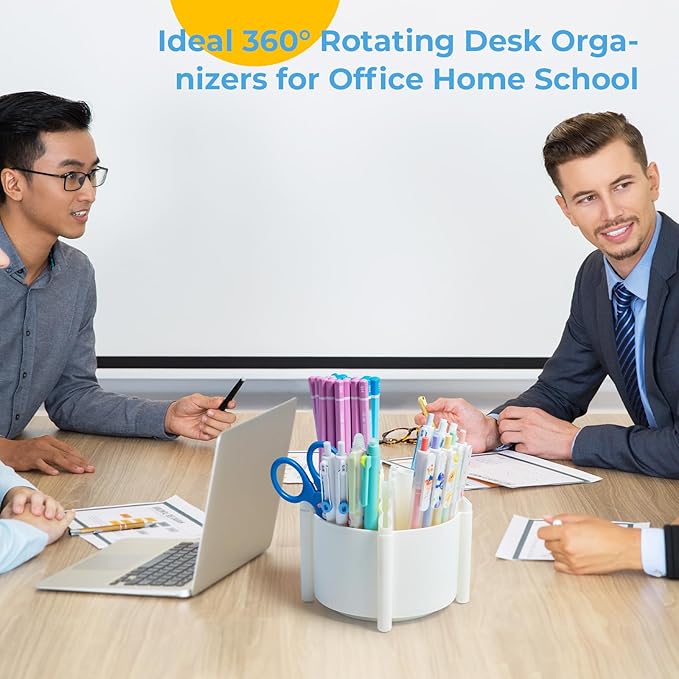 M&G 360 Degree Rotating Desk Organizer, 4 Slot Pencil Holder with Stickers, Multi-Purpose Cute Pen Pencil Cup for Make Up Brush Office School Home (White)